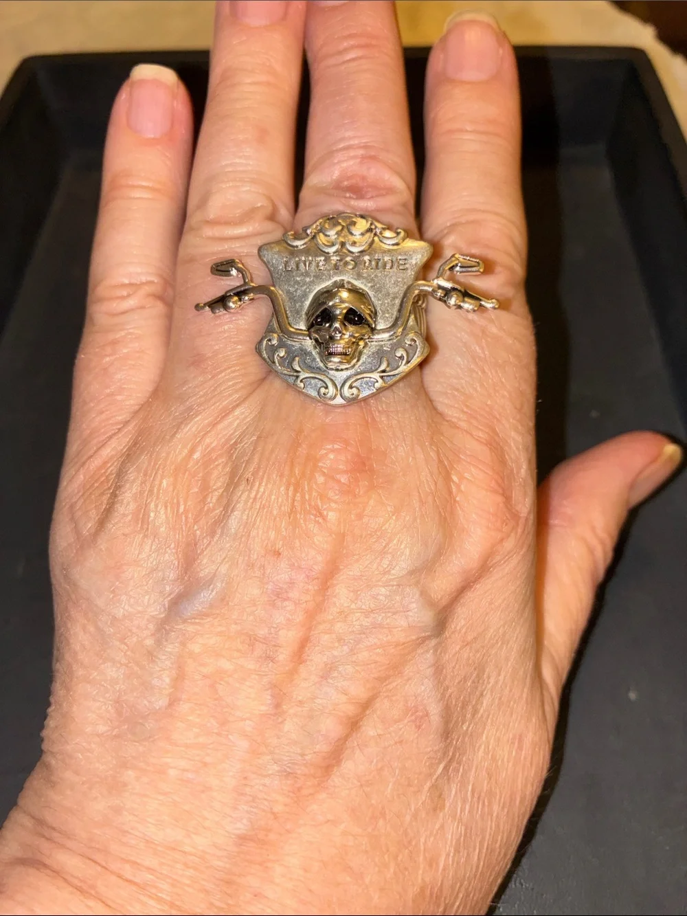 Live to Ride Skull Stretch Ring - Two-Tone Gold and Silver